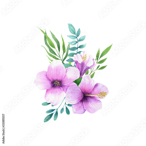 Hibisco flowers arrangement. Hand drawn watercolor tropical flowers isolated on white background.