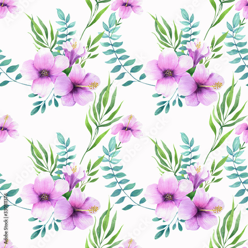 Floral seamless pattern, Hand drawn watercolor tropical flowers isolated on white background. © Nataliya