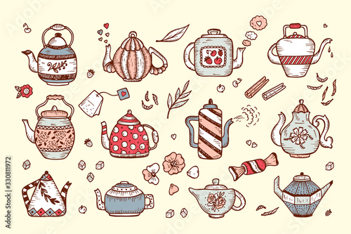 Tea Time. Hand Drawn Doodle Different Teapots and additives for tea Vector Set