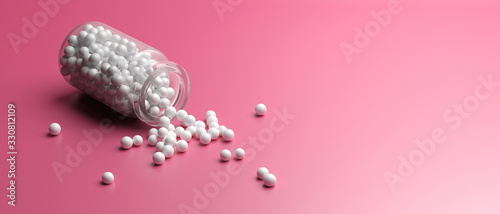 Glass container and homeopathic pills on pink background. 3d illustration