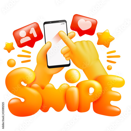 Social media concept. Smartphone in yellow emoji hands. Swipe gesture sign. 3d cartoon style