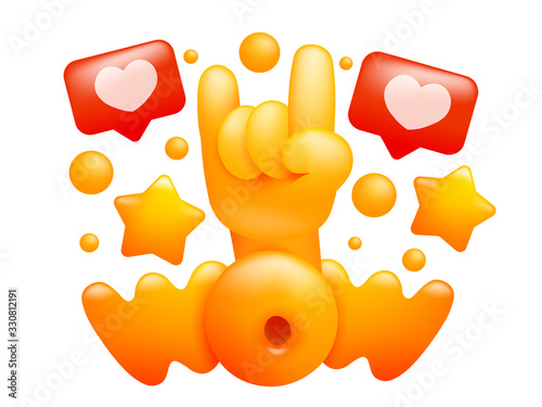 Wow title concept card with emoji yellow hand. 3d cartoon style. Vector illustration