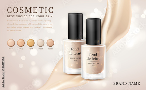 Vector 3D cosmetic make up illustration foundation product bottle with creamy shiny elegant background