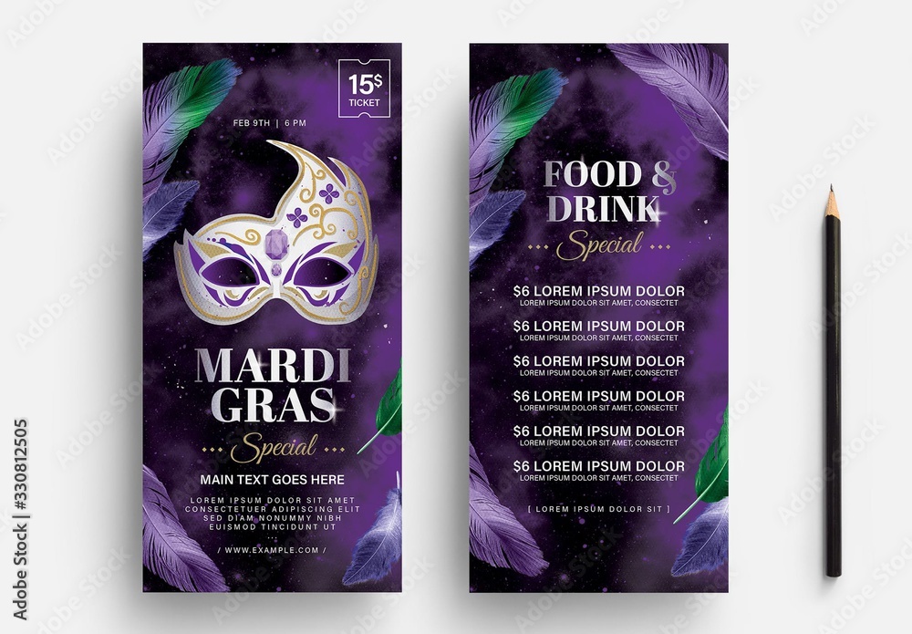 Mardi Gras Carnival Flyer Layout for Masquerade Ball Events Stock