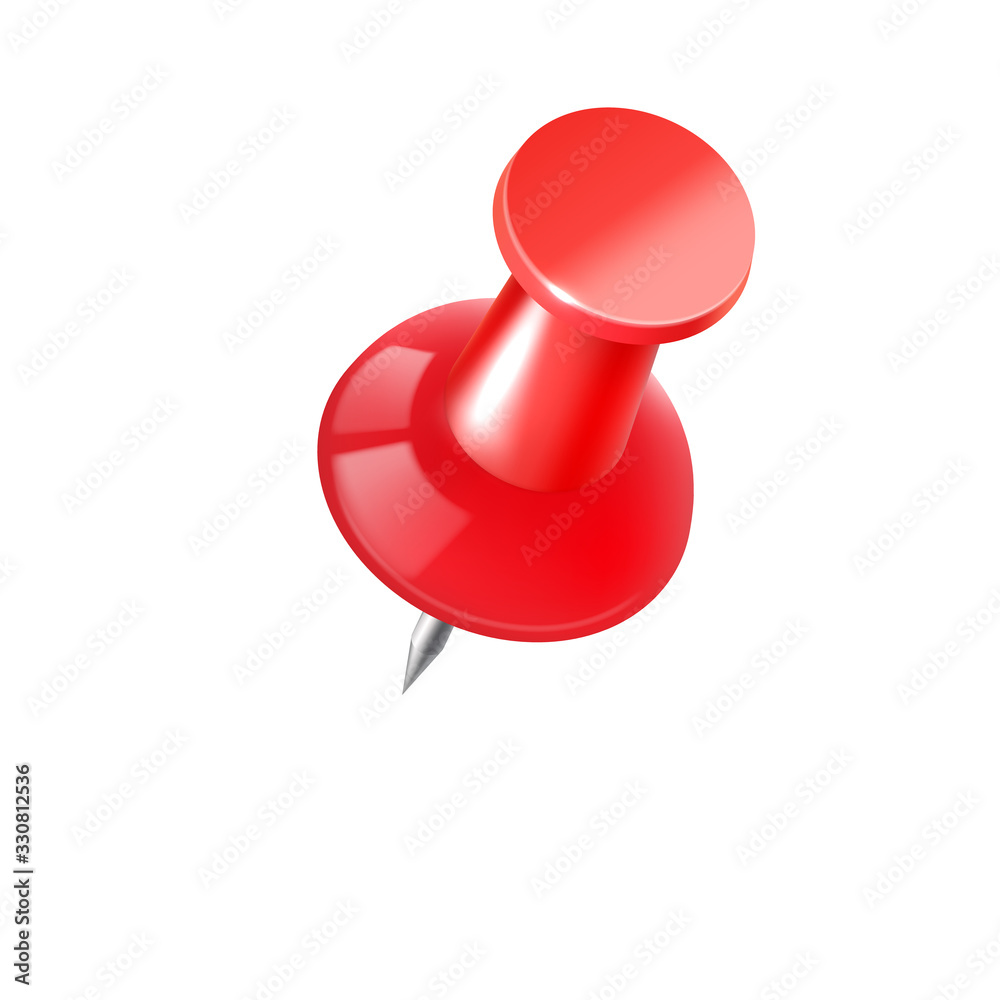 Realistic vector plastic glossy red push pin 3D vector icon on white background. Realistic vector plastic glossy red push pin 3D vector icon on white background.
