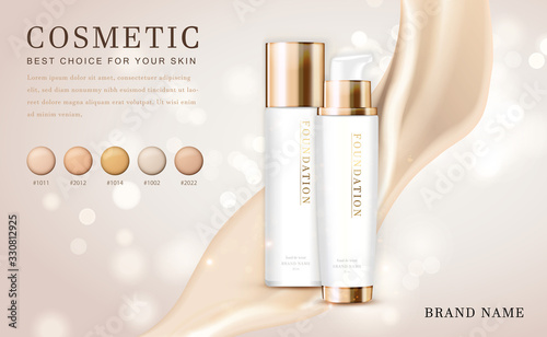 Vector 3D cosmetic make up illustration foundation product bottle with creamy shiny elegant background