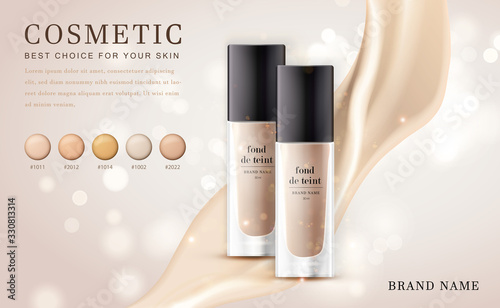 Vector 3D cosmetic make up illustration foundation product bottle with creamy shiny elegant background