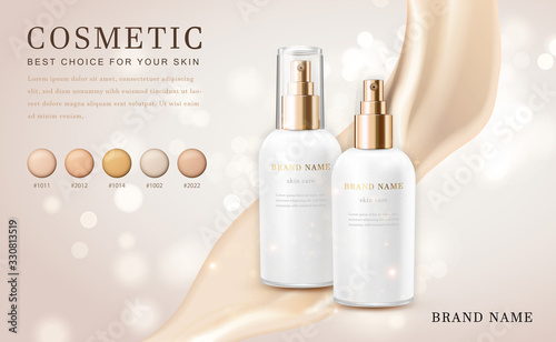 Vector 3D cosmetic make up illustration foundation product bottle with creamy shiny elegant background