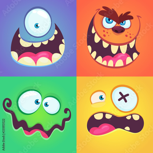 Cartoon monster faces set. Vector collection of four Halloween monster avatars with different face expressions. Halloween design