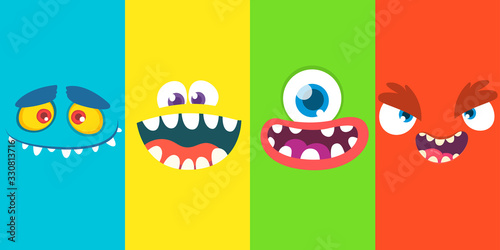 Cartoon monster faces set. Vector collection of four Halloween monster avatars with different face expressions. Halloween design