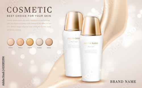 Vector 3D cosmetic make up illustration foundation product bottle with creamy shiny elegant background
