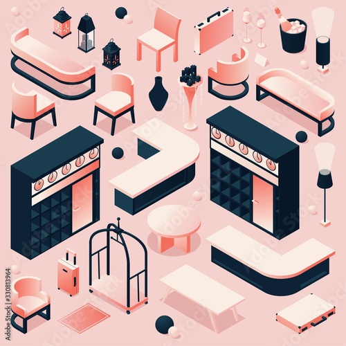 Isometric set of hotel lobby furniture for reception, lounge in pink pastel colors with cart or trolley, tables and shelving, chairs and decoration