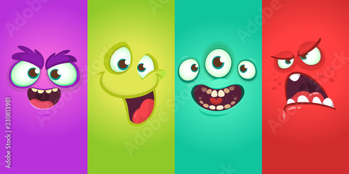 Cartoon monster faces set. Vector collection of four Halloween monster avatars with different face expressions. Halloween design