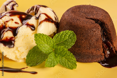 Tablou pe pânză petit gateau with vanilla ice cream and a sprig of mint on yellow plate