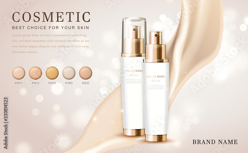 Vector 3D cosmetic make up illustration foundation product bottle with creamy shiny elegant background