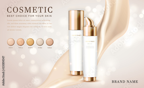 Vector 3D cosmetic make up illustration foundation product bottle with creamy shiny elegant background