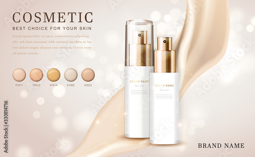 Vector 3D cosmetic make up illustration foundation product bottle with creamy shiny elegant background