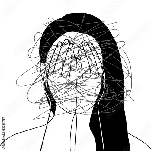 The girl covers her face with her hands. The concept of pain, stress, depression. Vector illustration