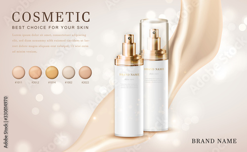 Vector 3D cosmetic make up illustration foundation product bottle with creamy shiny elegant background