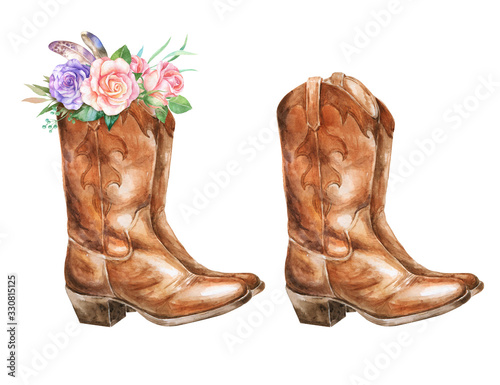 Watercolor illustration with cowboy boots and floral decorations.