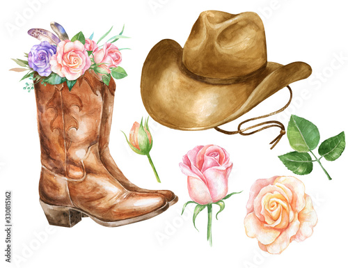 Watercolor illustration with cowboy boots hat and rose.