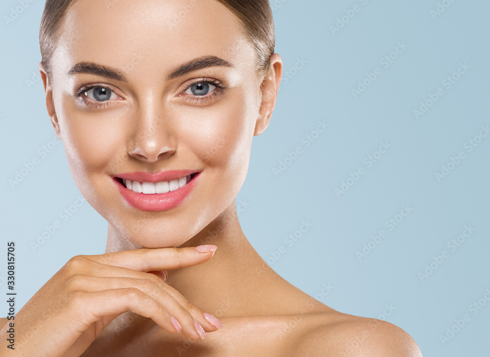 Beautiful healthy teeth smile woman face clean skin natural make up female beauty Beautiful healthy teeth smile woman face clean skin natural make up female beauty