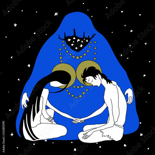 Surreal art. Two lovers embraced by universe. Eternal love. Sanctuary.  Original style hand drawn illustration. Male and female archetypes.