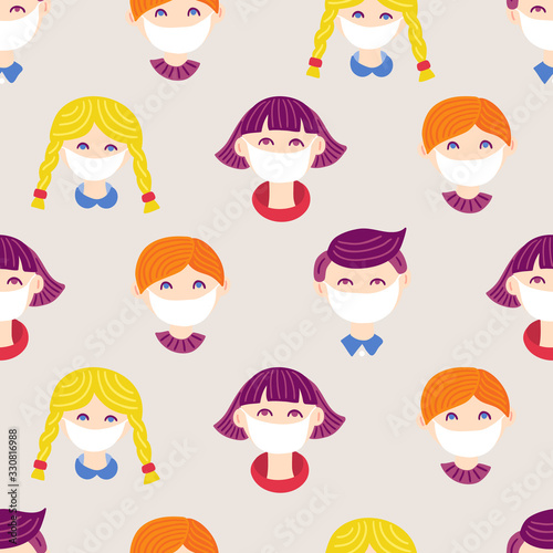 Seamless pattern with men and women in medical masks. Covid-19