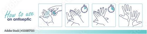 How to use a hand antiseptic to clean and disinfect hands. Medical instruction. Vector illustration