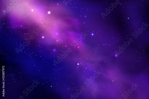 Cosmos background with realistic stardust, nebula and shining stars. Colorful galaxy backdrop. Space vector illustration. Starry night, infinite universe, milky way.