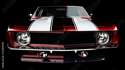 3D illustration. Muscle red car rendering isolated on black background. Vintage classic sport car. Car show. Wheels. Bumper. Front perspective view. 