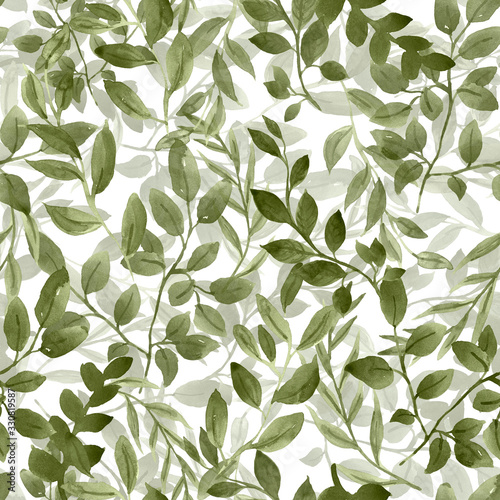 Watercolor botanical seamless pattern with fresh green leaves, greenery and f...