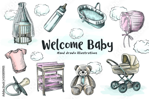 Colorful hand-drawn sketch of set for a newborn baby. Stroller, cradle, crib, teddy bear, cotton hat, short-sleeved bodysuit, cradle, changing table, milk bottle and pacifier.