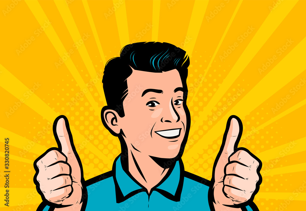 Happy businessman keeps his thumbs up. Retro comic pop art vector illustration Happy businessman keeps his thumbs up. Retro comic pop art vector illustration