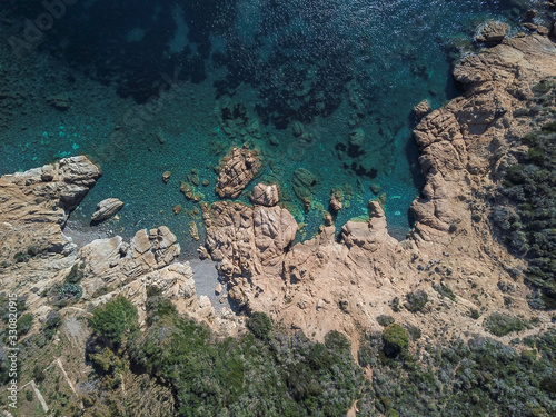 Drone view of Marina di Campo gulf and coastline, Cala Ischia, Elba island, Italy