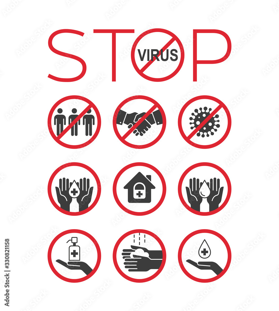 Stop virus icon set. Remedies and prevention. Stop coronavirus. Pandemic medical concept. Vector illustration. Stop virus icon set. Remedies and prevention. Stop coronavirus. Pandemic medical concept. Vector illustration.