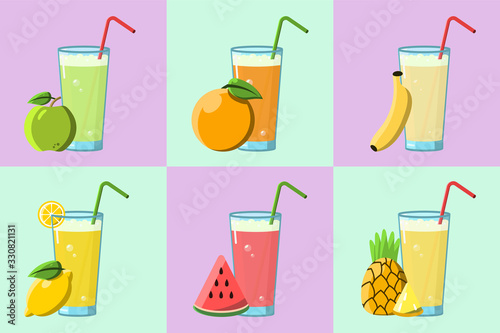 Set of fruit juice and smoothie glasses. Healthy summer drinks from apple, pineapple, watermelon, lime, banana, orange. Design for eco diet, fitness or detox. Organic vegan food. Drinks for kids party
