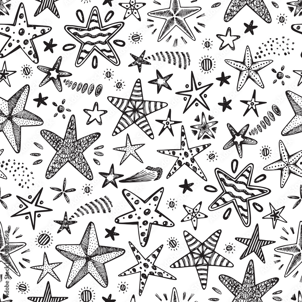 Naklejka premium Black Stars - Vector Seamless pattern. Stars with different patterns. Hand drawn doodle Stars.