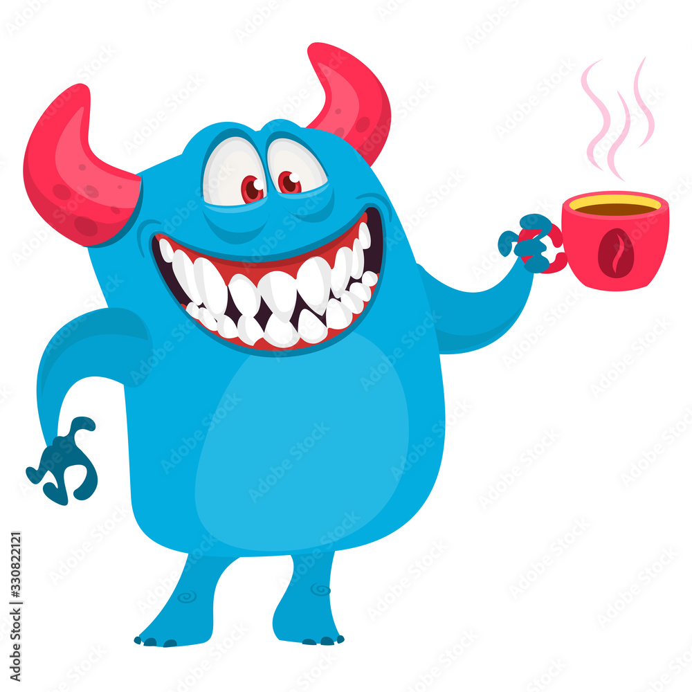 Funny cartoon monster having cup of coffee. Vector Halloween illustration. Funny cartoon monster having cup of coffee. Vector Halloween illustration.