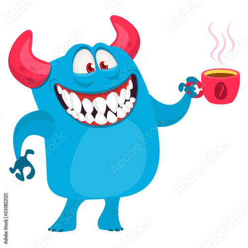 Funny cartoon monster having cup of coffee. Vector Halloween illustration.