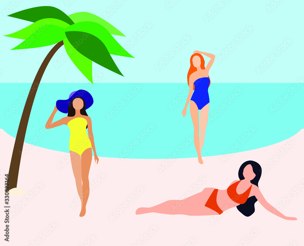 Vector illustration, women on the beach in summer.