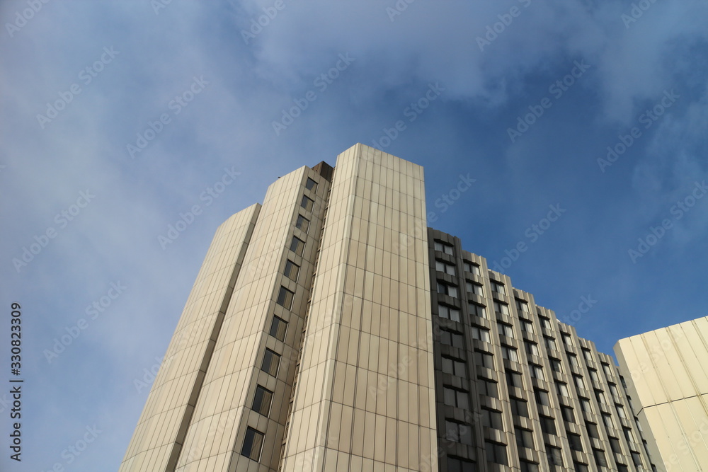 Corner of a tall building, acute angle view