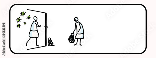 Corona virus covid 19 stickman help neighbor infographic. News broadcast community support. Medical healthcare graphic clip art. Icon set in black white. Viral shopping drop off community support help
