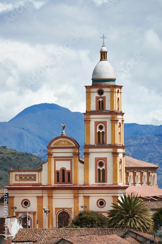 Church tower in El Cocuy, mountain village in Colombia