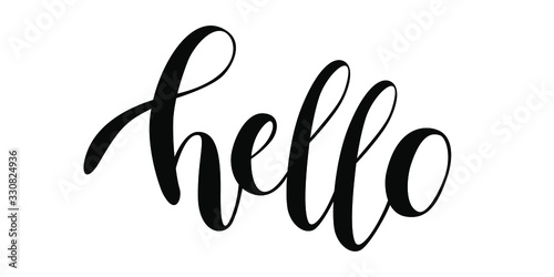 Hello. Handwritten phrase on white background. Vector text element with black inscription. Modern brush calligraphy style