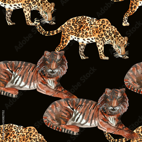 Watercolor hand painted nature wild animals set seamless pattern with orange and black striped tiger and spotted leopard isolated on the black background, africa zoo cat trendy print