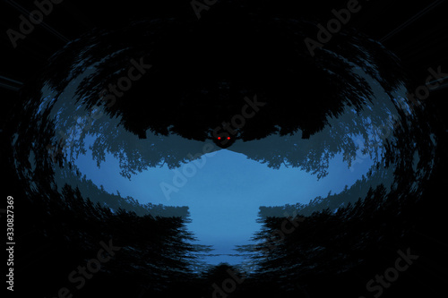 Scary background with ghost with red eyes in dark tones. Night silhouette of creepy monster in shadow with copy space. Halloween story with devil. Spooky demon. Supernatural powers. Pure evil.