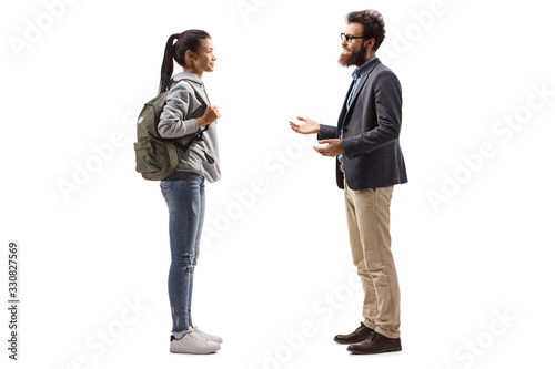 Female student and a bearded man having a conversation