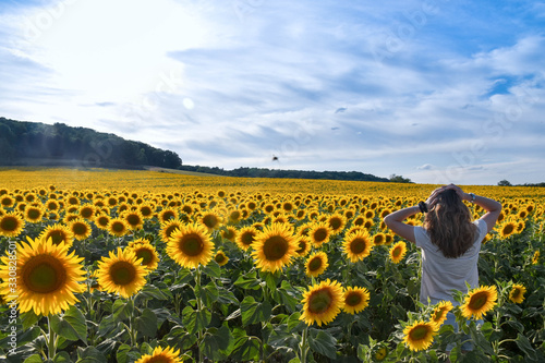 A young woman backwards to A Sunflowers field, natural landscape