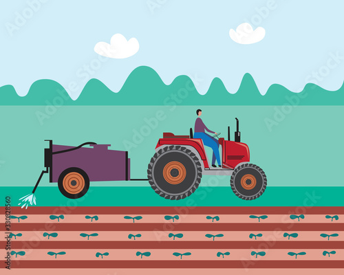Tractor watering the crop in the field and beds, flat vector stock illustration with agricultural heavy machine as a concept of taking care of plants